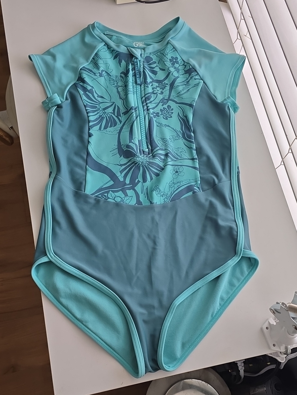 Athleta Girls Teal and Aqua Floral Short Sleeve One-Piece